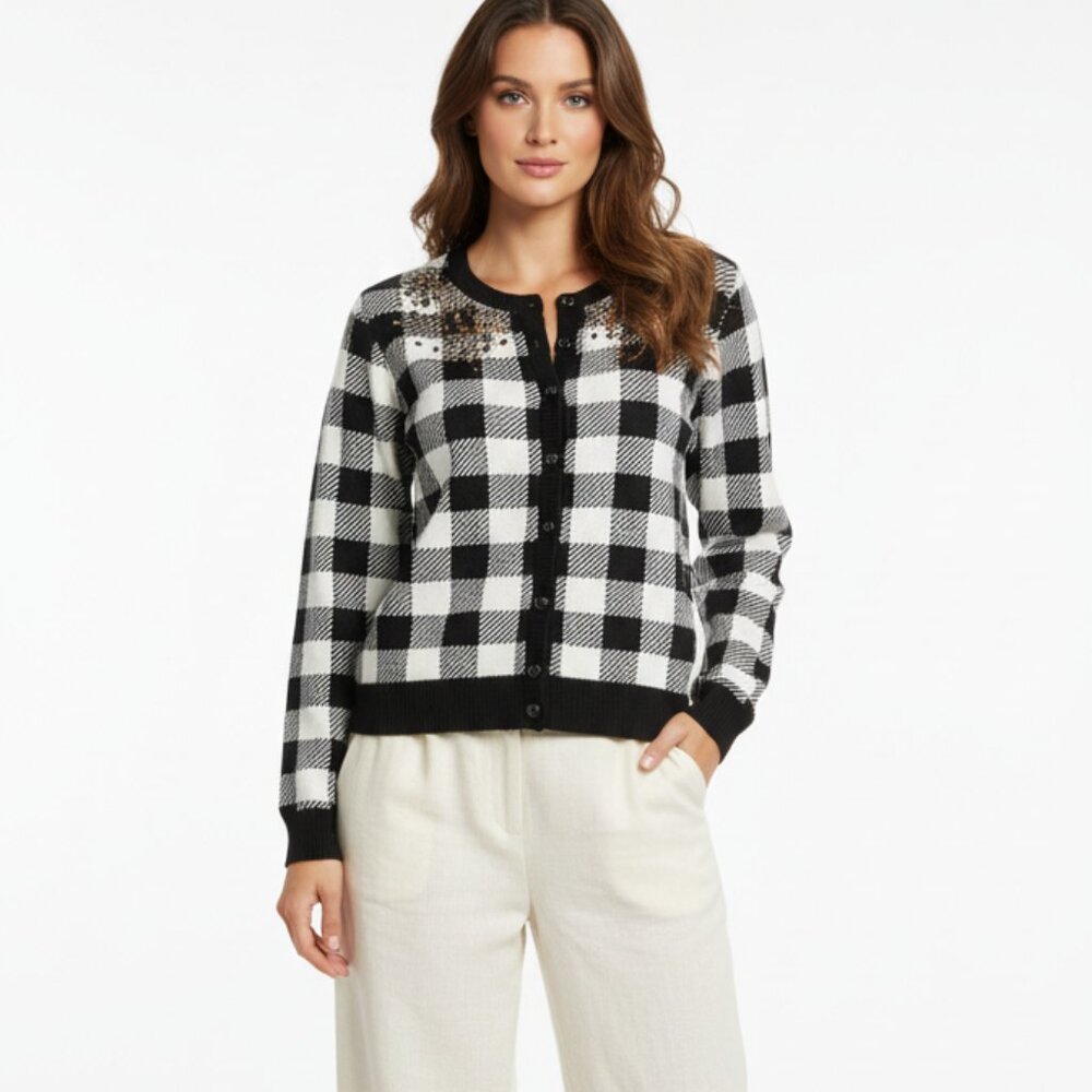 Cozy & Polished! Charter Club PXL Sequin Embellished Black & White Plaid Sweater